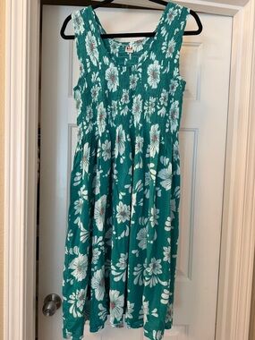 Teal Floral Smocked Midi Dress